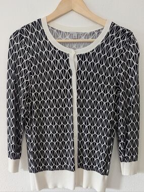 Halogen Black and White Geometric Knit Cardigan with Cream Trim